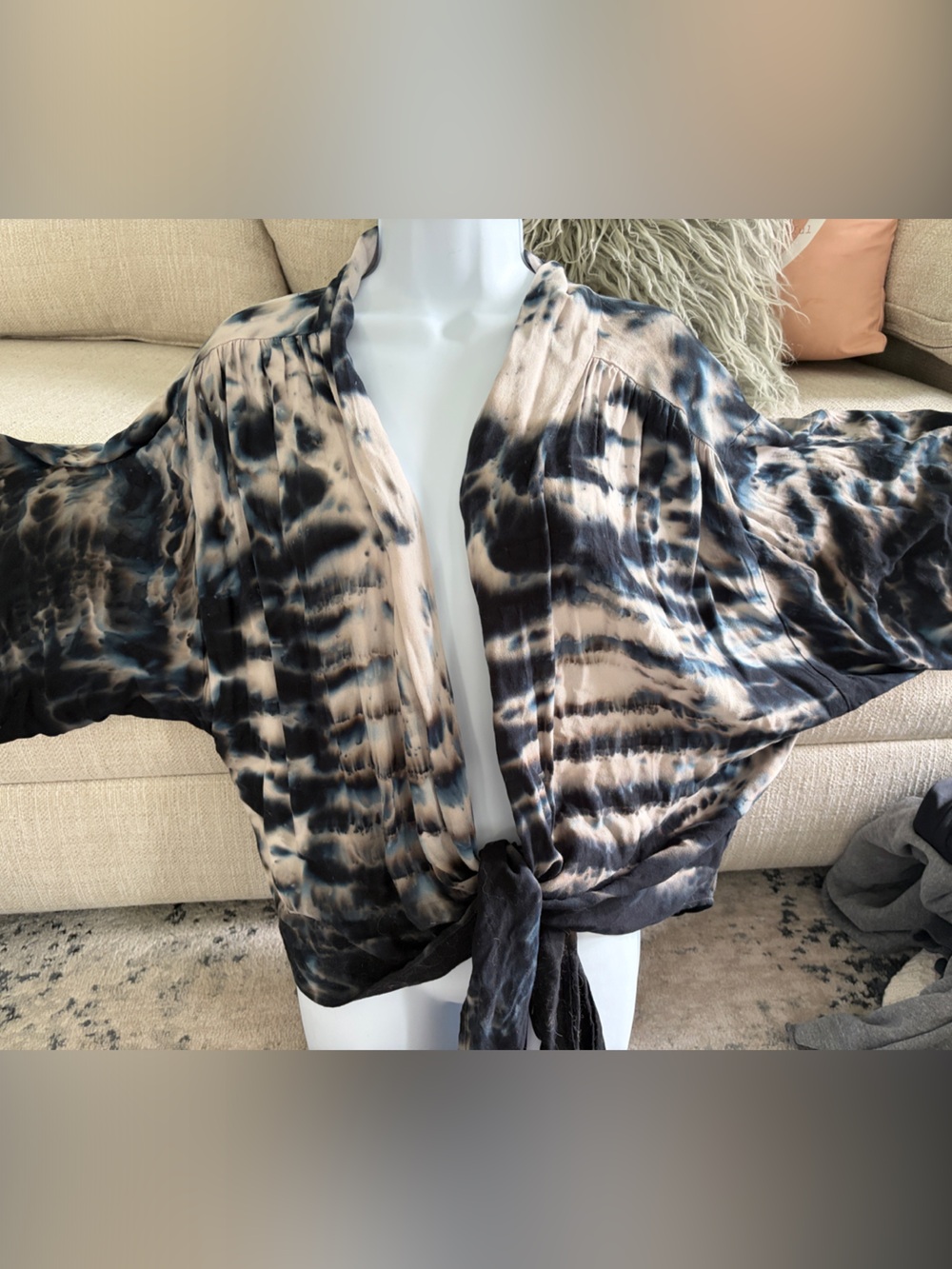 Young Fabulous & Broke Tie-Dye Open Front Kimono Jacket in Black and Cream